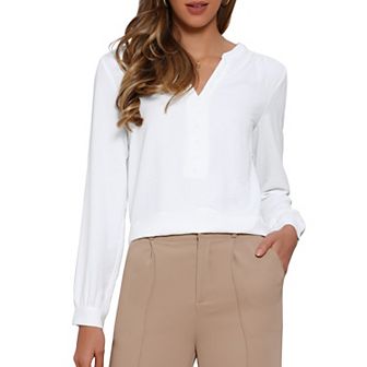 V Neck Button Front Top for Women's Long Sleeve Casual Dressy Top