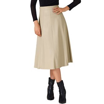 Women's Casual Vintage High Waist A Line Faux PU Leather Midi Skirts
