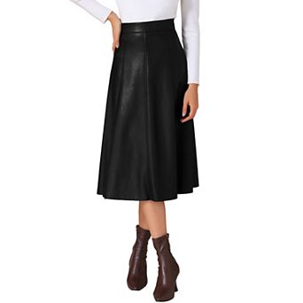 Women's Casual Vintage High Waist A Line Faux PU Leather Midi Skirts