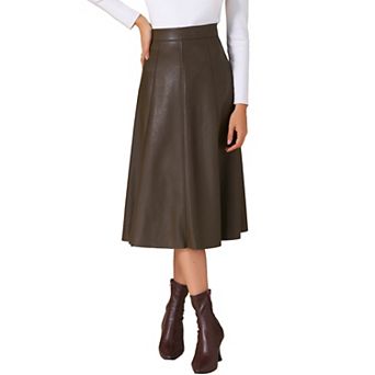 Women's Casual Vintage High Waist A Line Faux PU Leather Midi Skirts