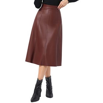 Women's Casual Vintage High Waist A Line Faux PU Leather Midi Skirts