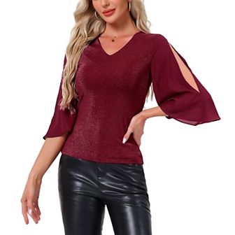 V Neck Blouse for Women Split Sleeve Sparkly Dressy Top Evening Party Tops