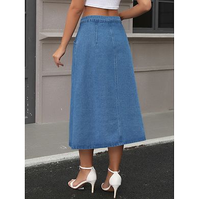 Women's Denim Skirt Button Down Front Slit High Waisted Pockets A Line Midi Jean Skirts