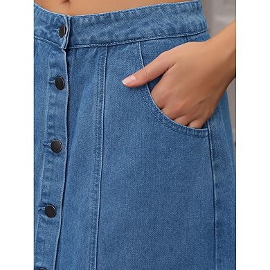 Women's Denim Skirt Button Down Front Slit High Waisted Pockets A Line Midi Jean Skirts