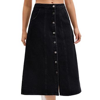 Women's Denim Skirt Button Down Front Slit High Waisted Pockets A Line Midi Jean Skirts