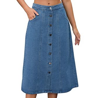 Women's Denim Skirt Button Down Front Slit High Waisted Pockets A Line Midi Jean Skirts