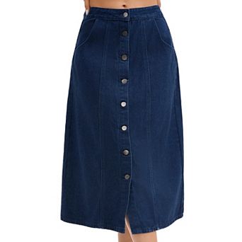 Women's Denim Skirt Button Down Front Slit High Waisted Pockets A Line Midi Jean Skirts