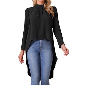 Women's High Low Tops Long Sleeve Back Keyhole Round Neck Asymmetrical Hem Tops Dressy Casual Blouse
