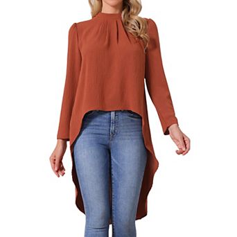 Women's High Low Tops Long Sleeve Back Keyhole Round Neck Asymmetrical Hem Tops Dressy Casual Blouse