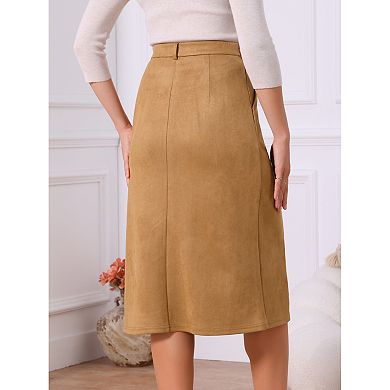 Women's Faux Suede Skirts Elastic High Waist A-line Midi Skirt With Pockets