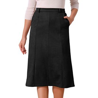 Women's Faux Suede Skirts Elastic High Waist A-line Midi Skirt With Pockets
