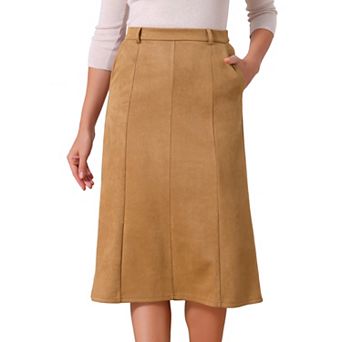 Women's Faux Suede Skirts Elastic High Waist A-line Midi Skirt With Pockets