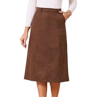 Women's Faux Suede Skirts Elastic High Waist A-line Midi Skirt With Pockets