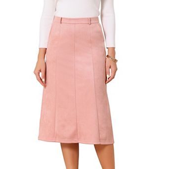 Women's Faux Suede Skirts Elastic High Waist A-line Midi Skirt With Pockets