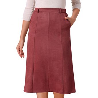 Women's Faux Suede Skirts Elastic High Waist A-line Midi Skirt With Pockets