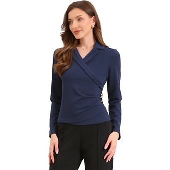 Notched Collar Tops for Women Office Asymmetrical Long Sleeves Button Elegant Blouse