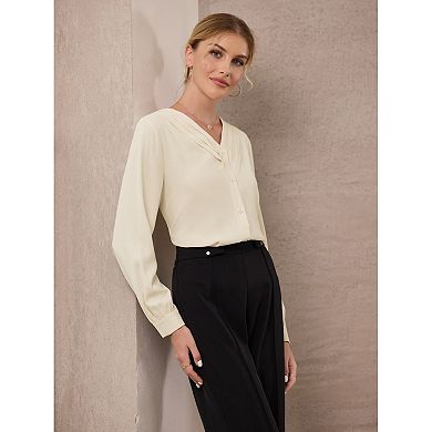 Women's Button Down Blouse Pleated V Neck Long Sleeve Business Casual Shirt Top