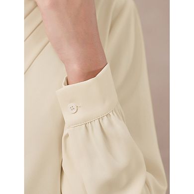 Women's Button Down Blouse Pleated V Neck Long Sleeve Business Casual Shirt Top