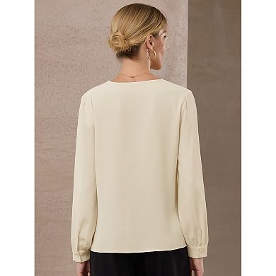 Women's Button Down Blouse Pleated V Neck Long Sleeve Business Casual Shirt Top