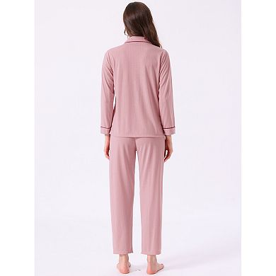 Women's Lounge Set Cotton Ribbed Button Up Long Sleeve Top Pants with Pocket Pajama Set Loungewear