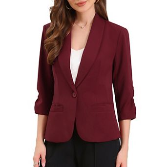 Work Blazer for Women Shawl Lapel 3/4 Sleeves Pocket Single Button Suit