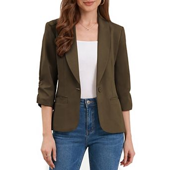Work Blazer for Women Shawl Lapel 3/4 Sleeves Pocket Single Button Suit