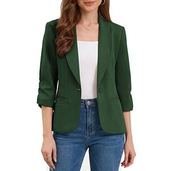 Work Blazer for Women Shawl Lapel 3/4 Sleeves Pocket Single Button Suit