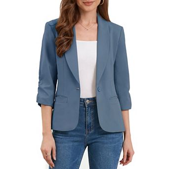 Work Blazer for Women Shawl Lapel 3/4 Sleeves Pocket Single Button Suit