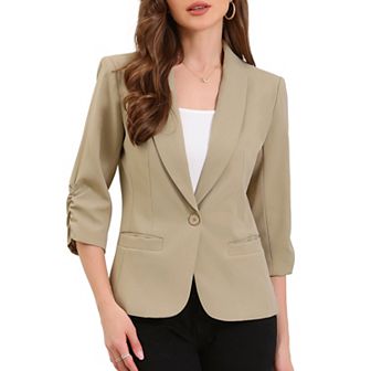 Work Blazer for Women Shawl Lapel 3/4 Sleeves Pocket Single Button Suit