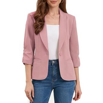 Work Blazer for Women Shawl Lapel 3/4 Sleeves Pocket Single Button Suit