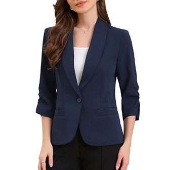 Work Blazer for Women Shawl Lapel 3/4 Sleeves Pocket Single Button Suit