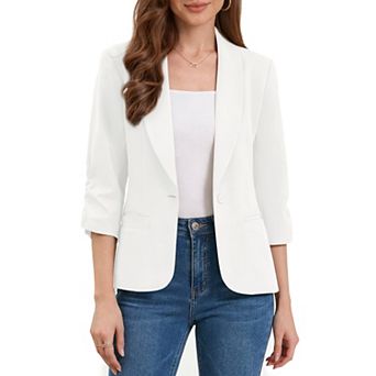 Work Blazer for Women Shawl Lapel 3/4 Sleeves Pocket Single Button Suit