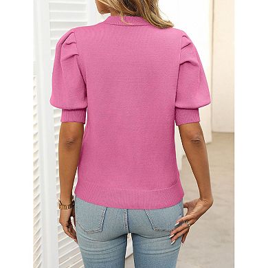 Women's Short Sleeve Trendy Sweater Crewneck Pullover Cute Knitted Babydoll Tops