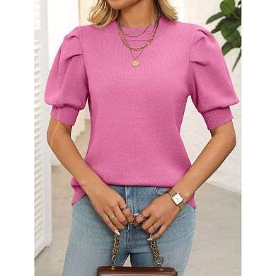 Women's Short Sleeve Trendy Sweater Crewneck Pullover Cute Knitted Babydoll Tops