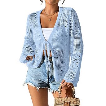 Womens Tie Front Lightweight Crochet Cardigan Shrugs Knit Cardigan Crop Tops Cover Up