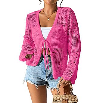 Womens Tie Front Lightweight Crochet Cardigan Shrugs Knit Cardigan Crop Tops Cover Up