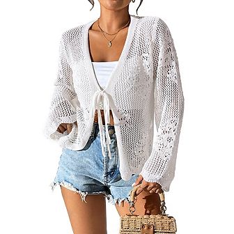 Womens Tie Front Lightweight Crochet Cardigan Shrugs Knit Cardigan Crop Tops Cover Up