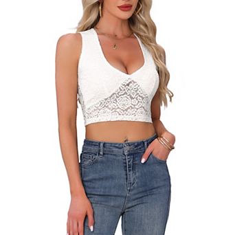 Floral Lace Sleeveless Top for Women's Deep V Neck Sheer Cropped Cami Tank Tops