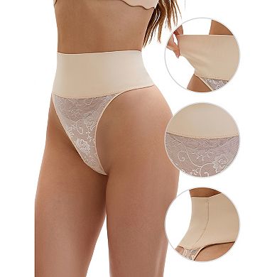 Women's High Waisted Tummy Control Briefs Breathable Stretch Lace Firm Control Thong Shapewear
