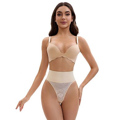 Women's High Waisted Tummy Control Briefs Breathable Stretch Lace Firm Control Thong Shapewear