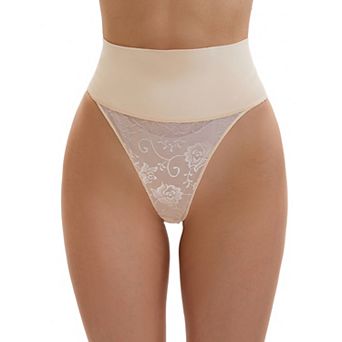 Women's High Waisted Tummy Control Briefs Breathable Stretch Lace Firm Control Thong Shapewear