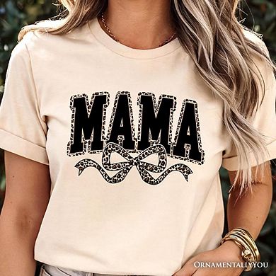 Coquette Leopard Mama T-Shirt, Retro Bow Varsity Tee for Trendy Moms