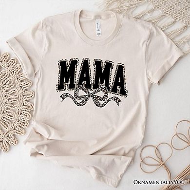 Coquette Leopard Mama T-Shirt, Retro Bow Varsity Tee for Trendy Moms