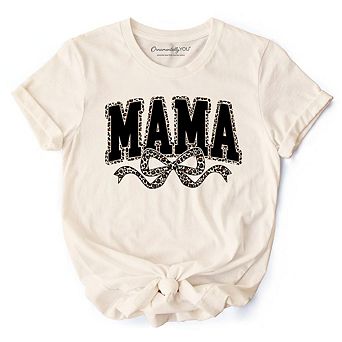 Coquette Leopard Mama T-Shirt, Retro Bow Varsity Tee for Trendy Moms