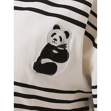 Womens Nightgown Cotton Stripe Long Sleeve Built in Bra Pattern Round Neck Midi Sleepwear Nightdress