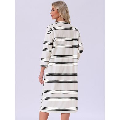 Womens Nightgown Cotton Stripe Long Sleeve Built in Bra Pattern Round Neck Midi Sleepwear Nightdress