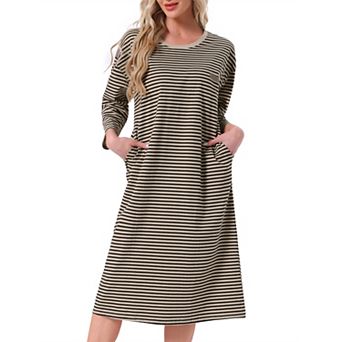 Womens Nightgown Cotton Stripe Long Sleeve Built in Bra Pattern Round Neck Midi Sleepwear Nightdress
