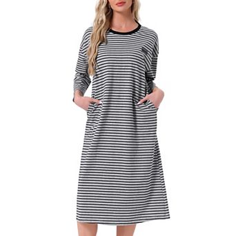 Womens Nightgown Cotton Stripe Long Sleeve Built in Bra Pattern Round Neck Midi Sleepwear Nightdress