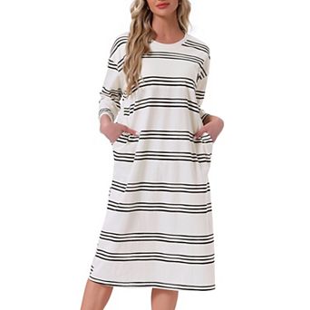 Womens Nightgown Cotton Stripe Long Sleeve Built in Bra Pattern Round Neck Midi Sleepwear Nightdress
