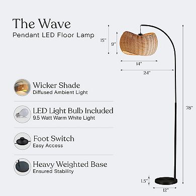 Wave Pendant 81" LED Arc Standing Floor Lamp with Wicker Shade